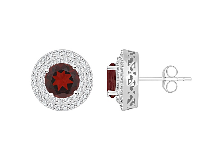 7mm Round Garnet And White Topaz Accent Rhodium Over Sterling Silver Double Halo Stud Earrings