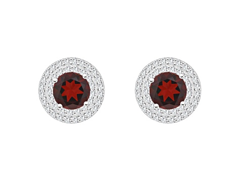 7mm Round Garnet And White Topaz Accent Rhodium Over Sterling Silver Double Halo Stud Earrings
