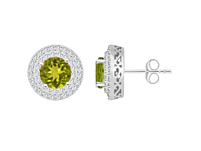 7mm Round Peridot And White Topaz Accent Rhodium Over Sterling Silver Double Halo Stud Earrings