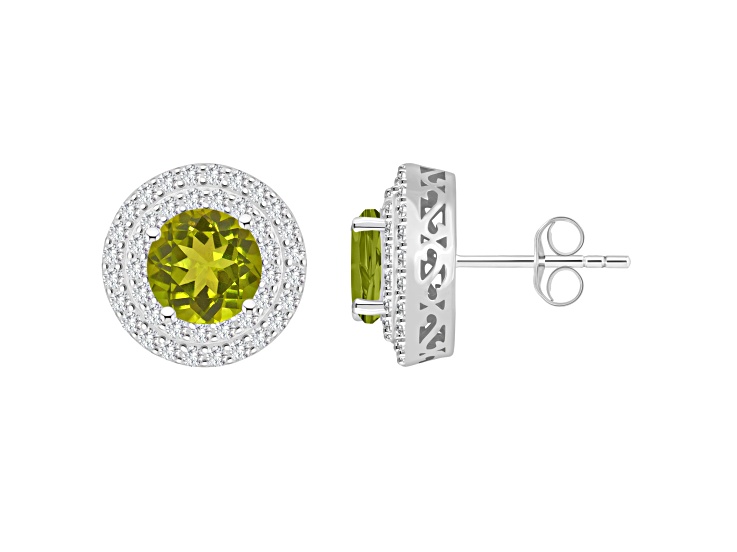 7mm Round Peridot And White Topaz Accent Rhodium Over Sterling Silver Double Halo Stud Earrings