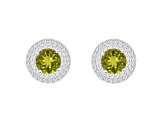 7mm Round Peridot And White Topaz Accent Rhodium Over Sterling Silver Double Halo Stud Earrings