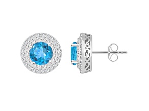 7mm Round Swiss Blue Topaz And White Topaz Rhodium Over Sterling Silver Double Halo Stud Earrings