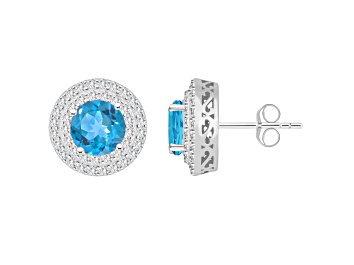 Picture of 7mm Round Swiss Blue Topaz And White Topaz Rhodium Over Sterling Silver Double Halo Stud Earrings
