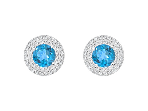 7mm Round Swiss Blue Topaz And White Topaz Rhodium Over Sterling Silver Double Halo Stud Earrings