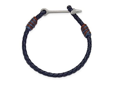 Navy Braided Leather and Stainless Steel Anchor 8.25-inch Bracelet