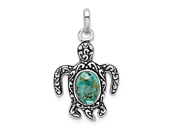 Picture of Rhodium Over Sterling Silver Antiqued Reconstituted Turquoise Turtle Pendant