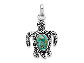 Rhodium Over Sterling Silver Antiqued Reconstituted Turquoise Turtle Pendant