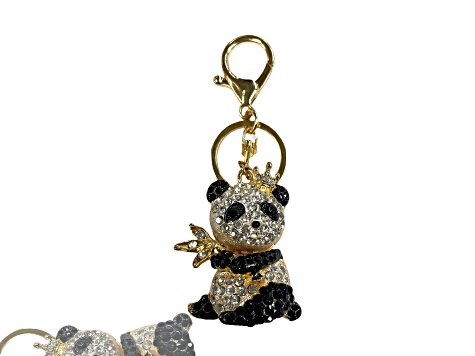 Gold Tone Crystal Panda with Crown and Bamboo Key Chain
