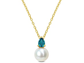 FW Cultured Pearl and Created Alexandrite Pendant with Chain in Yellow Plated Sterling Silver