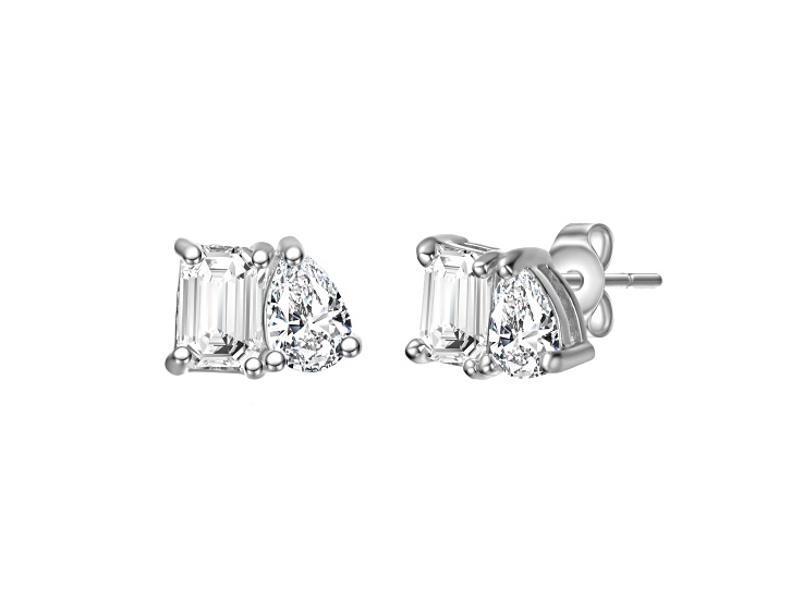 Lab Created Moissanite, Rhodium Plated over Sterling Silver Toi et Moi Stud Earrings