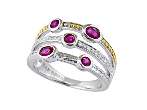 EFFY Sterling Silver Ruby and White Diamond Multi-Row Band Ring 0.80ctw