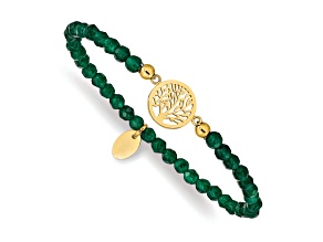 Yellow Stainless Steel Polished Tree of Life Green Jade Stretch Bracelet