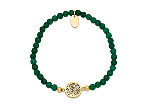 Yellow Stainless Steel Polished Tree of Life Green Jade Stretch Bracelet