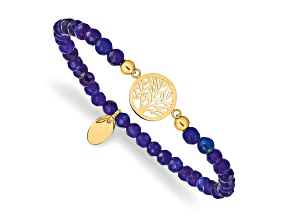 Yellow Stainless Steel Polished Tree of Life Blue Jade Stretch Bracelet
