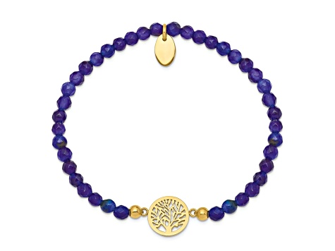 Yellow Stainless Steel Polished Tree of Life Blue Jade Stretch Bracelet