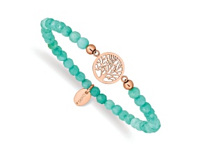 Rose Stainless Steel Polished Tree of Life Mint Jade Stretch Bracelet