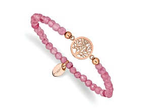 Rose Stainless Steel Polished Tree of Life Red Jade Stretch Bracelet