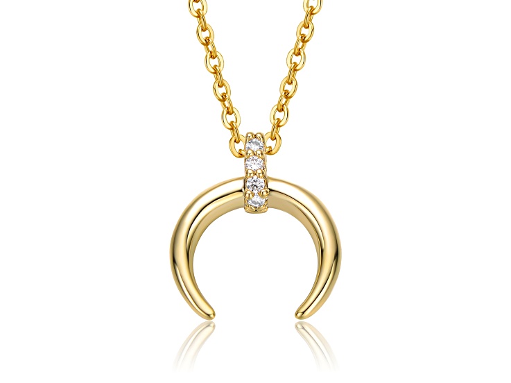 Clear Cubic Zirconia, 14k Gold Plated over Brass Crescent Horn Pendant Necklace for Kids/Teens