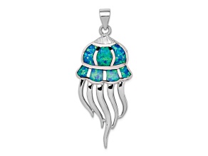 Rhodium Over Sterling Silver Polished Lab Created Blue Opal Jellyfish Pendant