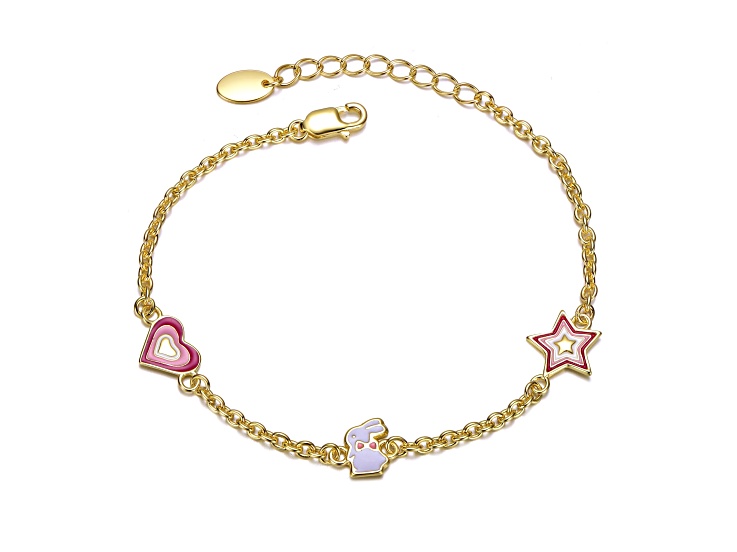 14K Gold Plated over Sterling Silver with Heart, Star, and Bunny Charm Bracelet for Kids