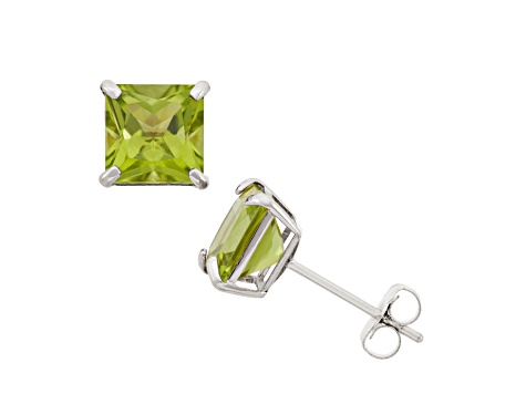 Peridot Princess Cut 10K White Gold Stud Earrings, 2.5ctw