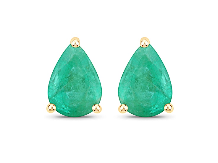 Pear Shaped Green Zambian Emerald 10K Yellow Gold Teardrop Studs Earrings