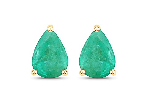 Pear Shaped Green Zambian Emerald 10K Yellow Gold Teardrop Studs Earrings