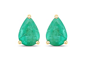 Pear Shaped Green Zambian Emerald 10K Yellow Gold Teardrop Studs Earrings