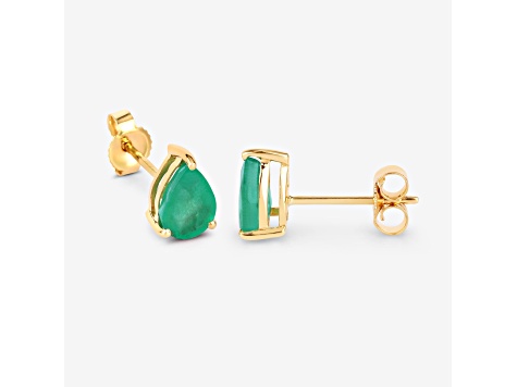 Pear Shaped Green Zambian Emerald 10K Yellow Gold Teardrop Studs Earrings