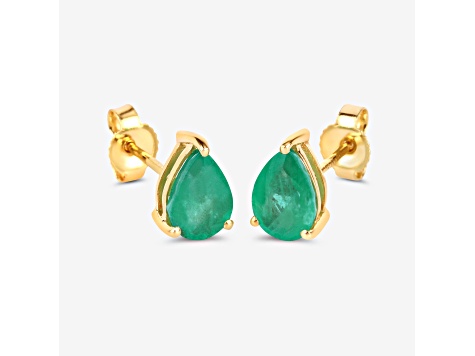 Pear Shaped Green Zambian Emerald 10K Yellow Gold Teardrop Studs Earrings