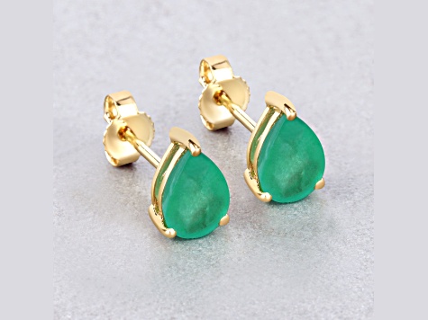 Pear Shaped Green Zambian Emerald 10K Yellow Gold Teardrop Studs Earrings