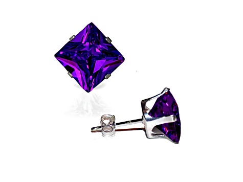 925 Sterling Silver Square 6MM Birthstone Stud Earrings Cubic Zirconia  Amethyst