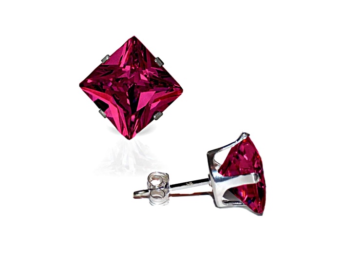 925 Sterling Silver Square 6MM Birthstone Stud Earrings Cubic Zirconia  Ruby