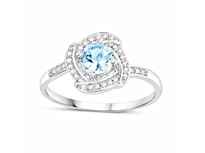 Aqua Aquamarine and White Diamond 14K White Gold Halo Ring Anniversary Gift for Her
