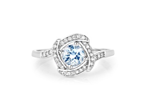 Aqua Aquamarine and White Diamond 14K White Gold Halo Ring Anniversary Gift for Her