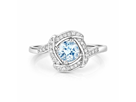 Aqua Aquamarine and White Diamond 14K White Gold Halo Ring Anniversary Gift for Her
