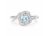 Aqua Aquamarine and White Diamond 14K White Gold Halo Ring Anniversary Gift for Her