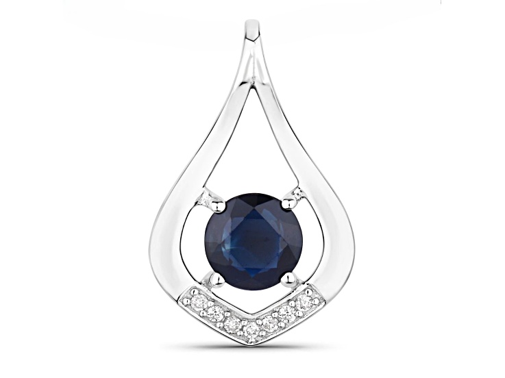 Blue Sapphire and White Diamond 10K White Gold Teardrop Pendant 1.24ctw