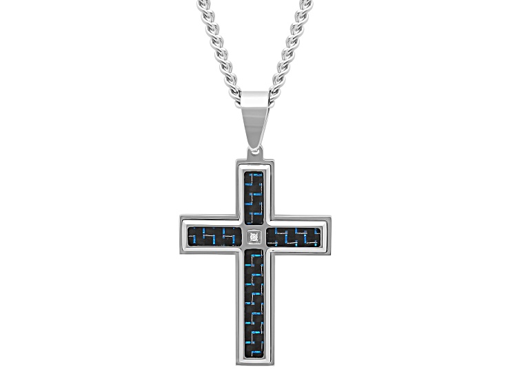 Two-tone Ion-Plated Stainless Steel and Diamond Accent Carbon Fiber Cross Pendant With Chain