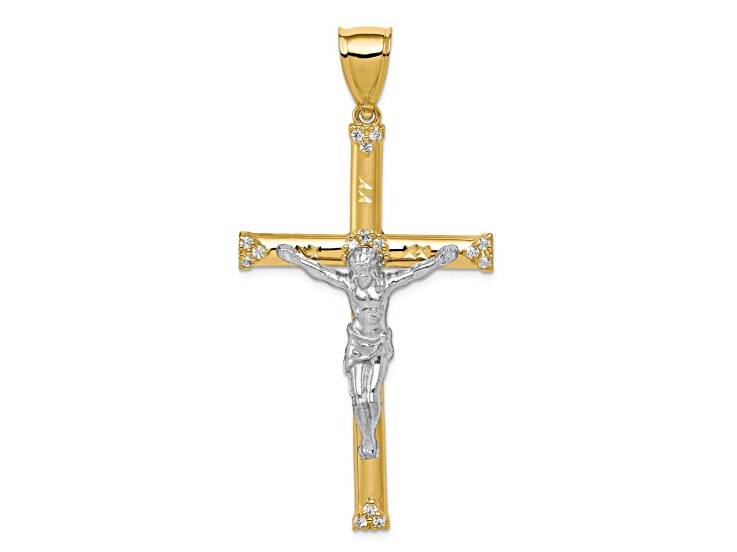 10k Yellow Gold and Rhodium Over 10k Yellow Gold Diamond-Cut Cubic Zirconia Crucifix Pendant