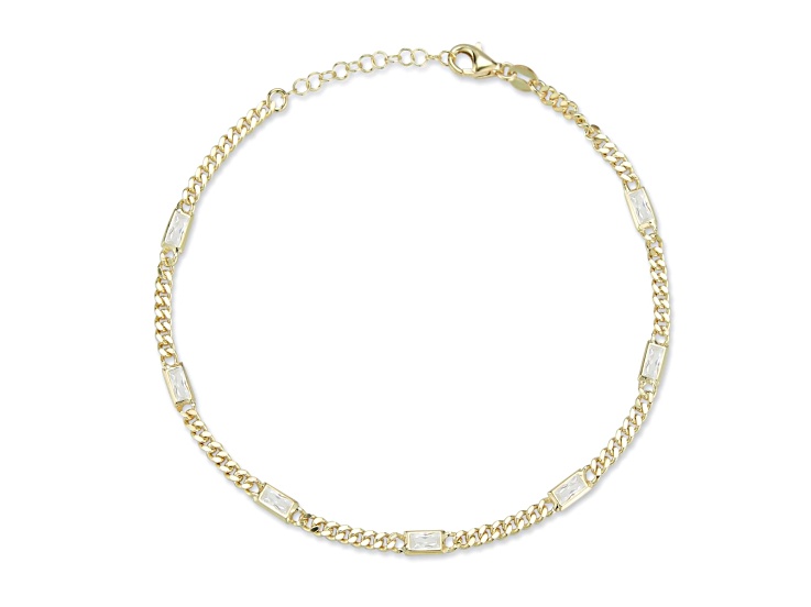 Sterling Statements 14K Yellow Gold Over Sterling Silver White CZ Station Curb Chain Anklet