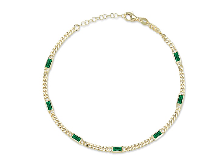 Sterling Statements 14K Yellow Gold Over Sterling Silver Green CZ Station Curb Chain Anklet
