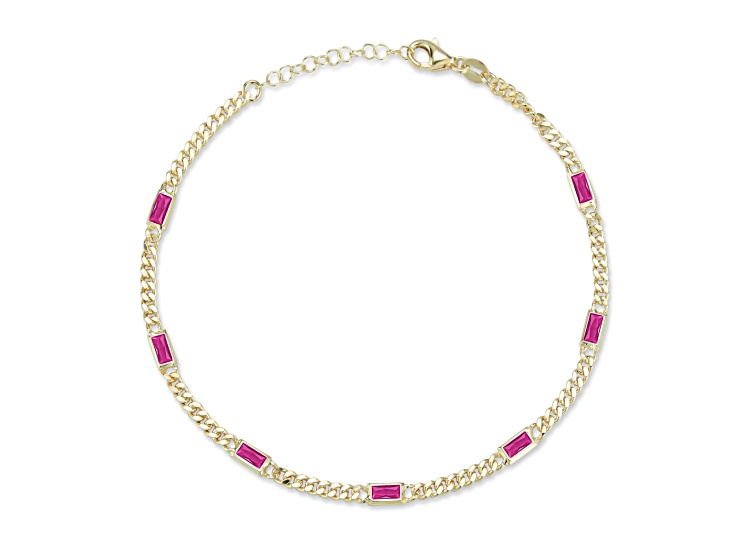 Sterling Statements 14K Yellow Gold Over Sterling Silver Pink CZ Station Curb Chain Anklet