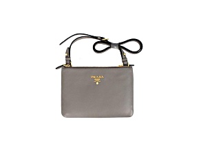 Prada Vitello Phenix Argilla Gray Leather Logo Plaque Crossbody Bag