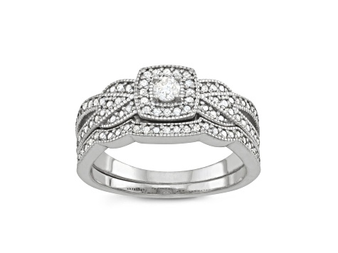 White Diamond Rhodium Over Sterling Silver Milgrain Bridal Ring Set 0.50ctw