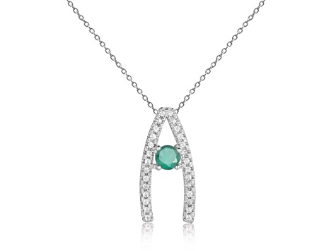 Round Emerald and White Sapphire Sterling Silver Pendant With Chain