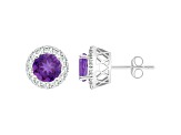 7mm Round Amethyst And White Topaz Accent Rhodium Over Sterling Silver Halo Stud Earrings