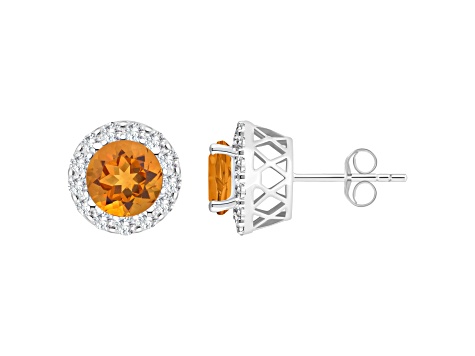 7mm Round Citrine And White Topaz Accent Rhodium Over Sterling Silver Halo Stud Earrings