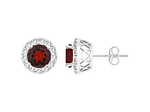 7mm Round Garnet And White Topaz Accent Rhodium Over Sterling Silver Halo Stud Earrings