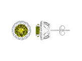 7mm Round Peridot And White Topaz Accent Rhodium Over Sterling Silver Halo Stud Earrings